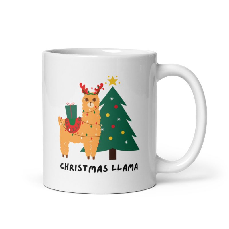 Taza navideña y divertida con el mensaje Christmas Llama y la ilustración de una llama. Regalo navideño