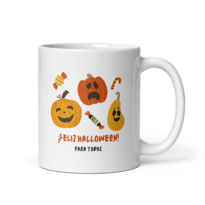 Taza de regalo con el mensaje: feliz Halloween para todos y la ilustración de unas calabazas.