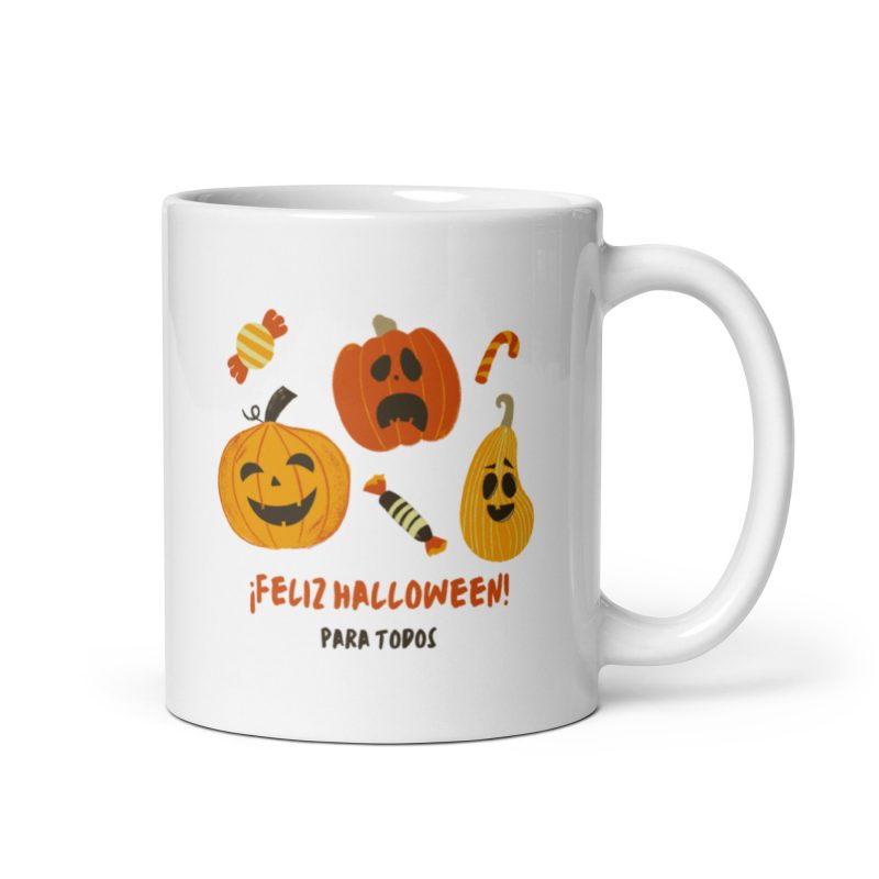Taza de regalo con el mensaje: feliz Halloween para todos y la ilustración de unas calabazas.