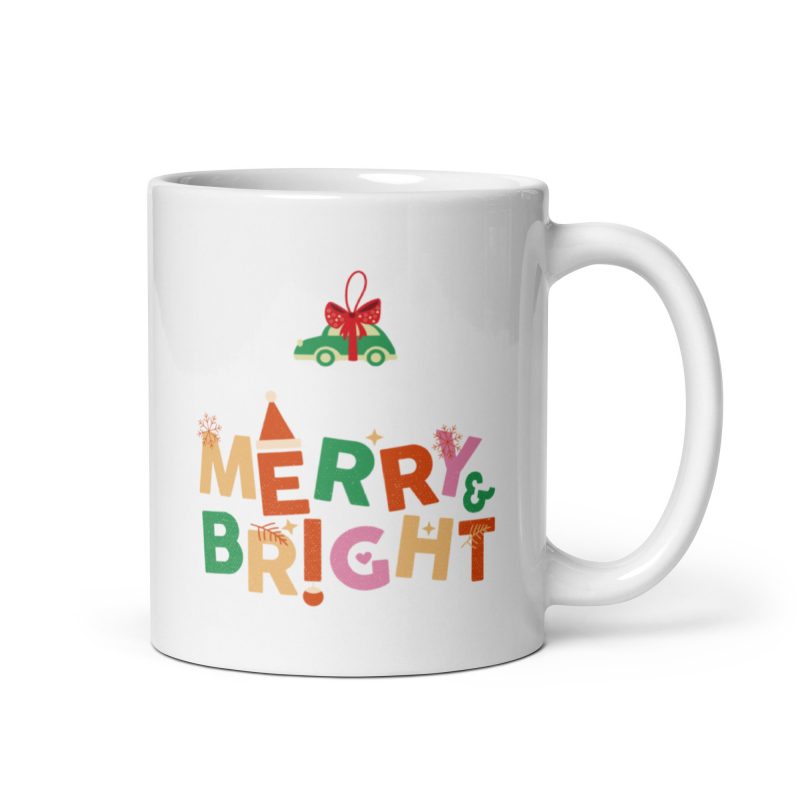 Taza de regalo navideña con el mensaje merry bright