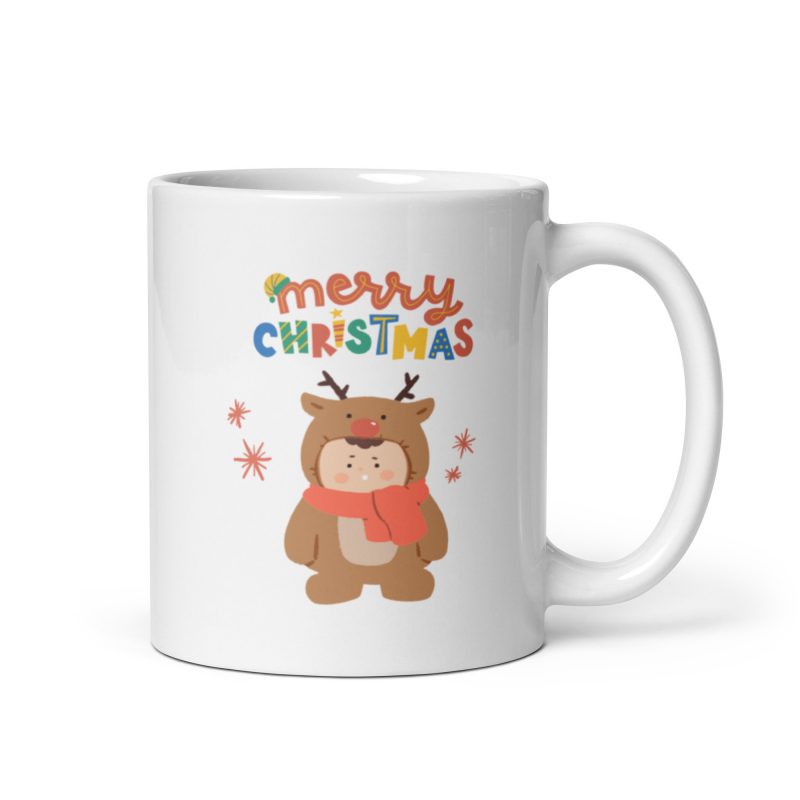 Taza navideña con el mensaje merry christmas y un elegante oso. Regalo de Navidad ideal